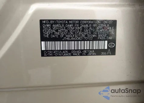 2008 Lexus Es 350 из США, поврежденный, VIN JTHBJ46G082170102